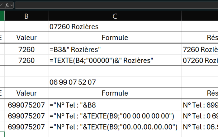 capture d ecran formater un code postal ou un numéro de téléphone dans Excel avec la fonction texte
