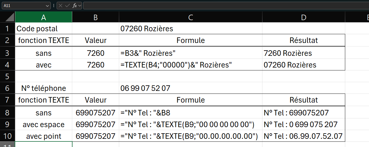 capture d ecran formater un code postal ou un numéro de téléphone dans Excel avec la fonction texte